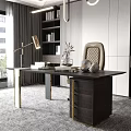 Elegant Modern Desk With Black Wooden Top Gold Metal Legs Leather Chair And Table Lamp