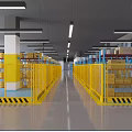 Warehouse Storage Facility With Yellow Guardrails Shelves Stacked Boxes And Industrial Lighting