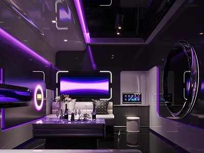 Modern KTV Interior Design With Purple Lighting Sofa Coffee Table And TV Screen 3d model