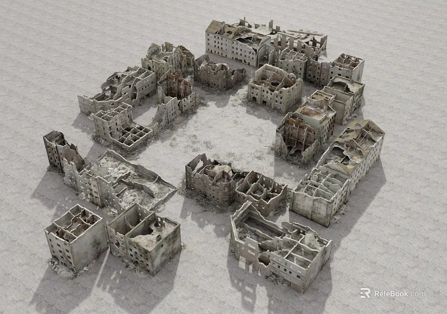 Damaged Building Components Including Walls Frames In Circular Ruins Arrangement 3d model 