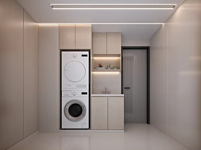 Modern Home Balcony Laundry Space With Washing Machine Dryer And Storage Cabinets 3d model