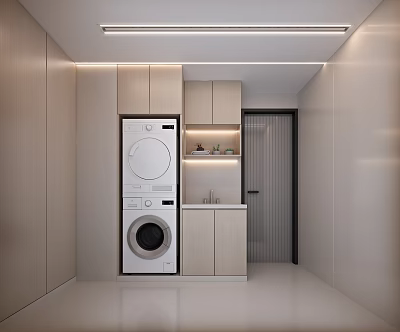 Modern Home Balcony Laundry Space With Washing Machine Dryer And Storage Cabinets 3d model