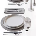 Modern Minimalist Dinnerware Set With White Plates Glass Cups Metal Cutlery And Napkins
