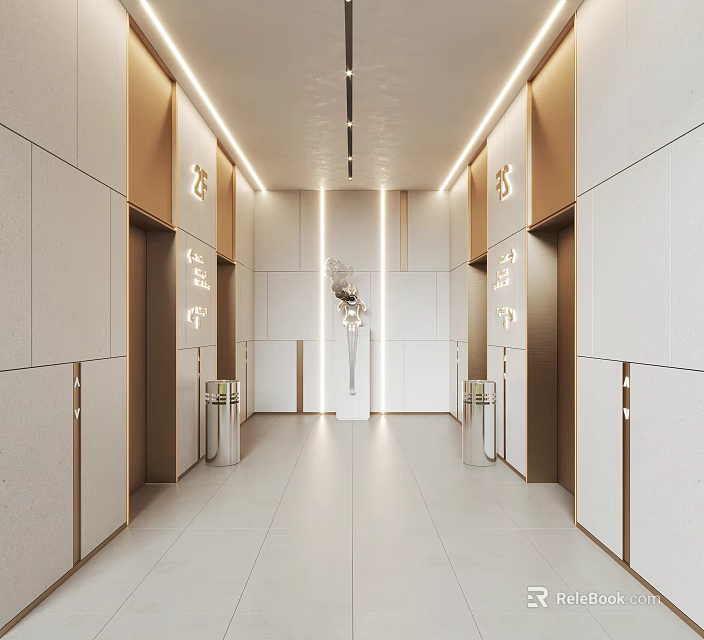 Modern Elevator Lobby With Symmetrical Layout And Decor 3d model