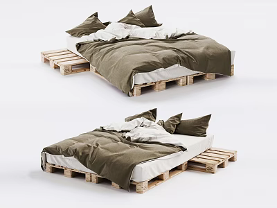 Wooden Pallet Bed Frame With Green Bedspread And White Pillows Setup 3d model