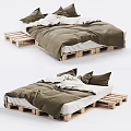 Wooden Pallet Bed Frame With Green Bedspread And White Pillows Setup