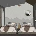 Hotel Guest Room With Twin Beds Wavy Light Wall And Circular Decorative Painting