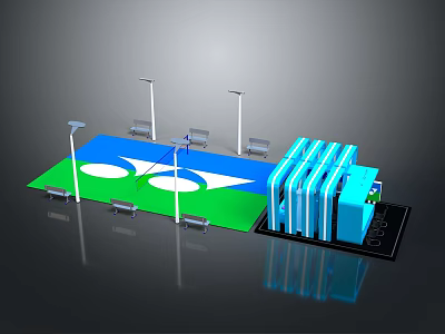 Outdoor Public Recreational Area With Green Surface Blue Structure Seats And Lamp Posts 3d model