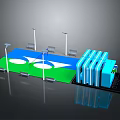 Outdoor Public Recreational Area With Green Surface Blue Structure Seats And Lamp Posts