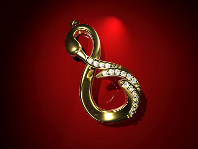 Gold Diamond Pendant Curved Twisted Design Adorned With Sparkling Diamonds Illuminated On Red Background 3d model