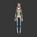 Female Character With Brown Hair In Green Top Camouflage Sleeves And Blue Jeans Standing On Dark Background