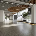 Modern Office Corridor With Wooden Ceiling Glass Skylights Gray Flooring And White Walls
