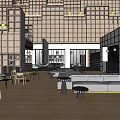 Modern Café Interior Design With Wooden Flooring Sofa Seating And Bookshelves