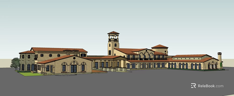 Mediterranean Style Building Complex With Red Roof Tower Arched Windows And Balconies 3d model 