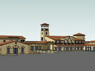 Mediterranean Style Building Complex With Red Roof Tower Arched Windows And Balconies 3d model