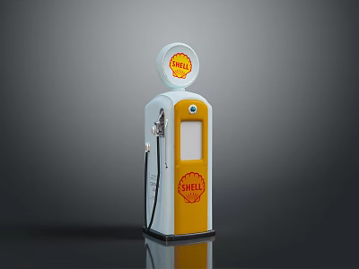 Vintage Shell Gas Pump Model in White and Yellow with Logo and Fuel Nozzle 3d model