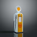 Vintage Shell Gas Pump Model in White and Yellow with Logo and Fuel Nozzle