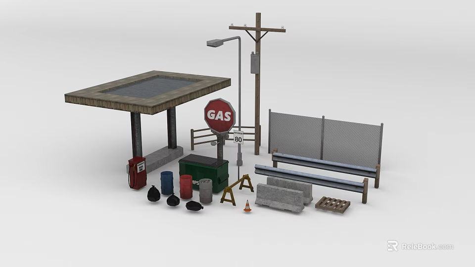 Road Facilities With Bus Stop Shelter Street Lamp Gas Sign Construction Cones And Bench 3d model 