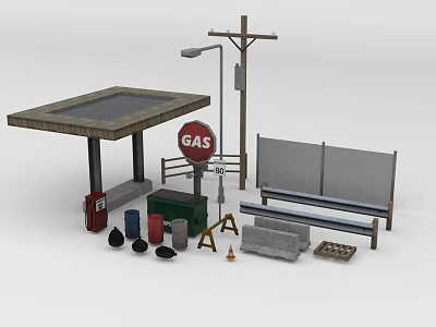 Road Facilities With Bus Stop Shelter Street Lamp Gas Sign Construction Cones And Bench 3d model
