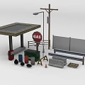 Road Facilities With Bus Stop Shelter Street Lamp Gas Sign Construction Cones And Bench