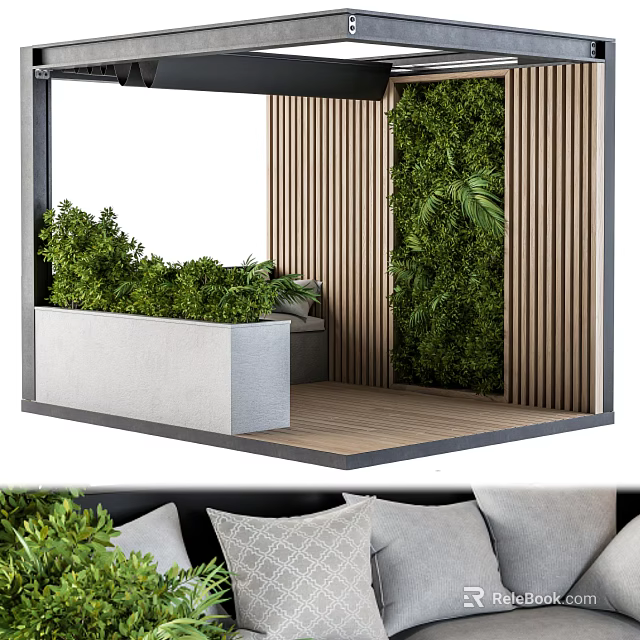 Contemporary Pergola Design With Wooden Slats Lush Greenery And Relaxing Seating Space 3d model 