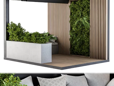 Contemporary Pergola Design With Wooden Slats Lush Greenery And Relaxing Seating Space 3d model