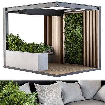 Contemporary Pergola Design With Wooden Slats Lush Greenery And Relaxing Seating Space 3d model
