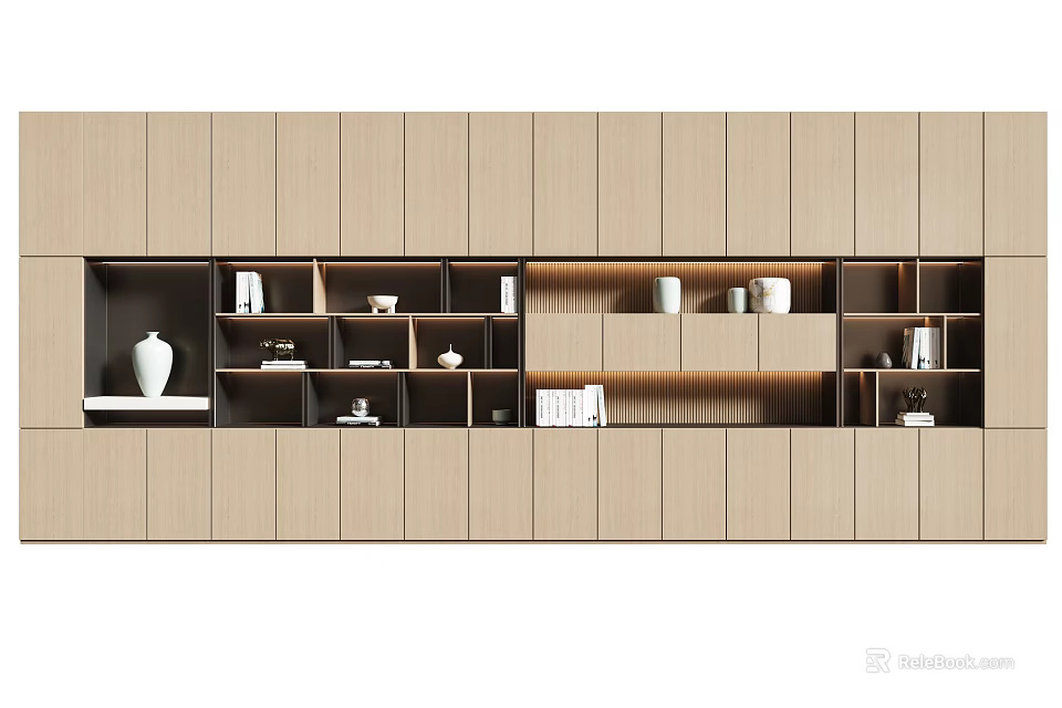 Modern Wooden Bookcase With Open Shelves Closed Cabinets Decorated With Vases Books And Small Objects 3d model 