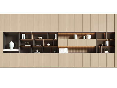 Modern Wooden Bookcase With Open Shelves Closed Cabinets Decorated With Vases Books And Small Objects 3d model