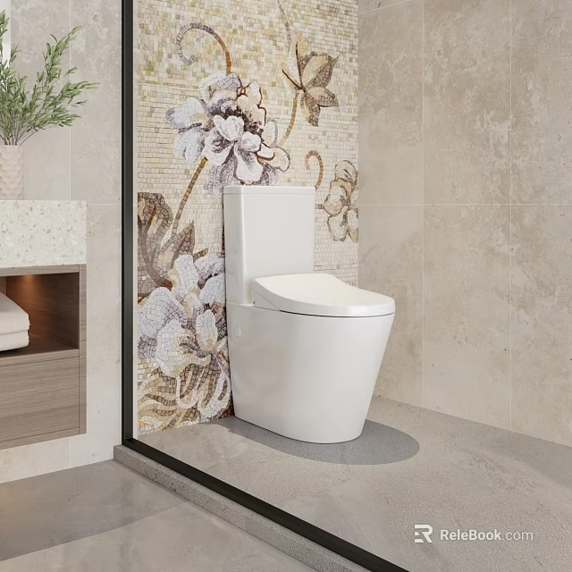 White Modern Toilet In Bathroom With Floral Mosaic Wall Wooden Cabinet And Light Stone Accents 3d model 