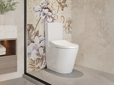 White Modern Toilet In Bathroom With Floral Mosaic Wall Wooden Cabinet And Light Stone Accents 3d model