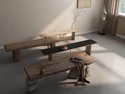 Natural Wooden Bench With Solid Wood Frame And Wool Blanket In Sunlit Room 3d model
