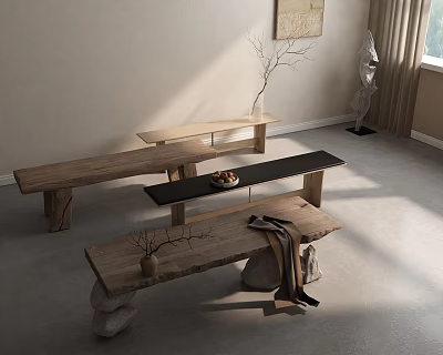 Natural Wooden Bench With Solid Wood Frame And Wool Blanket In Sunlit Room 3d model