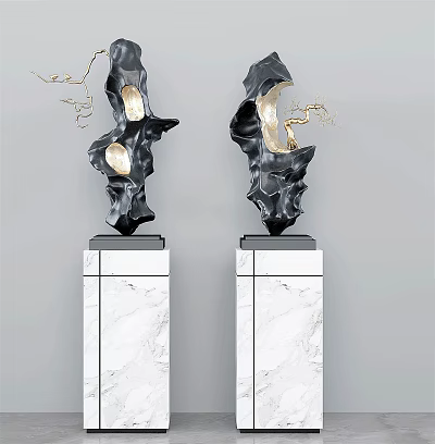 Pair Of Black Sculpture Carving With Gold Accents On Marble Pedestals 3d model