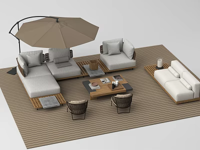 Modern Outdoor Sofa Set With Wooden Deck And Large Patio Umbrella For Relaxation 3d model