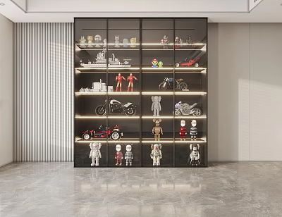 Modern Glass Door Display Cabinet With Layered Collectibles And Models 3d model