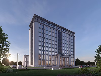 Modern High Rise Office Building Exterior with Glass Facade Green Lawns and Trees Surroundings 3d model