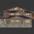 Cartoon Scene of House With Blue Roof Solar Panels Wooden Balcony And Stone Base Reflection