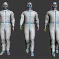 Woman In White Protective Suit With Blue Stripes And Face Shield Standing