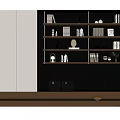 Modern Decorative Cabinet With Layered Shelves Books Decorations And Warm Lighting