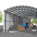 Blue And White Warehouse Storage Shelter With Stacked Wooden Pallets Barrels And Equipment