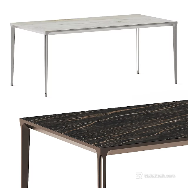 Modern Dining Table With White Tabletop Metal Legs And Dark Marble Texture 3d model