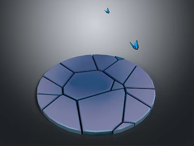 Circular Cracked Blue Object With Two Blue Butterflies Flying Above 3d model
