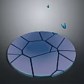 Circular Cracked Blue Object With Two Blue Butterflies Flying Above