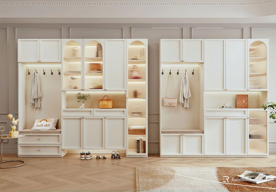 Modern White Shoe Cabinet Featuring Open Closed Storage LED Lighting Coat Hooks And Bench 3d model 