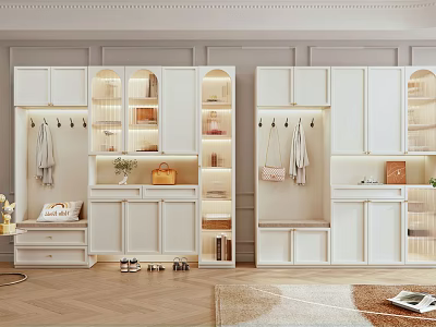 Modern White Shoe Cabinet Featuring Open Closed Storage LED Lighting Coat Hooks And Bench 3d model