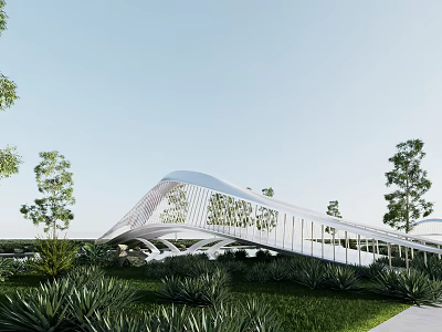 Modern White Curved Bridge Surrounded by Green Trees and Grass 3d model