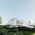Modern White Curved Bridge Surrounded by Green Trees and Grass 3d model