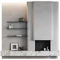 Modern Fireplace Interior With Gray Wall Floating Black Shelves And Decorative Items