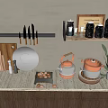Kitchenware Display On Countertop With Wall Rack Holding Knives Cutting Boards Plates And Copper Pots
